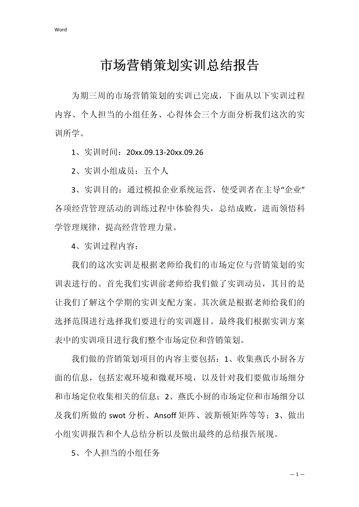 市場(chǎng)營(yíng)銷策劃實(shí)訓(xùn)總結(jié)報(bào)告